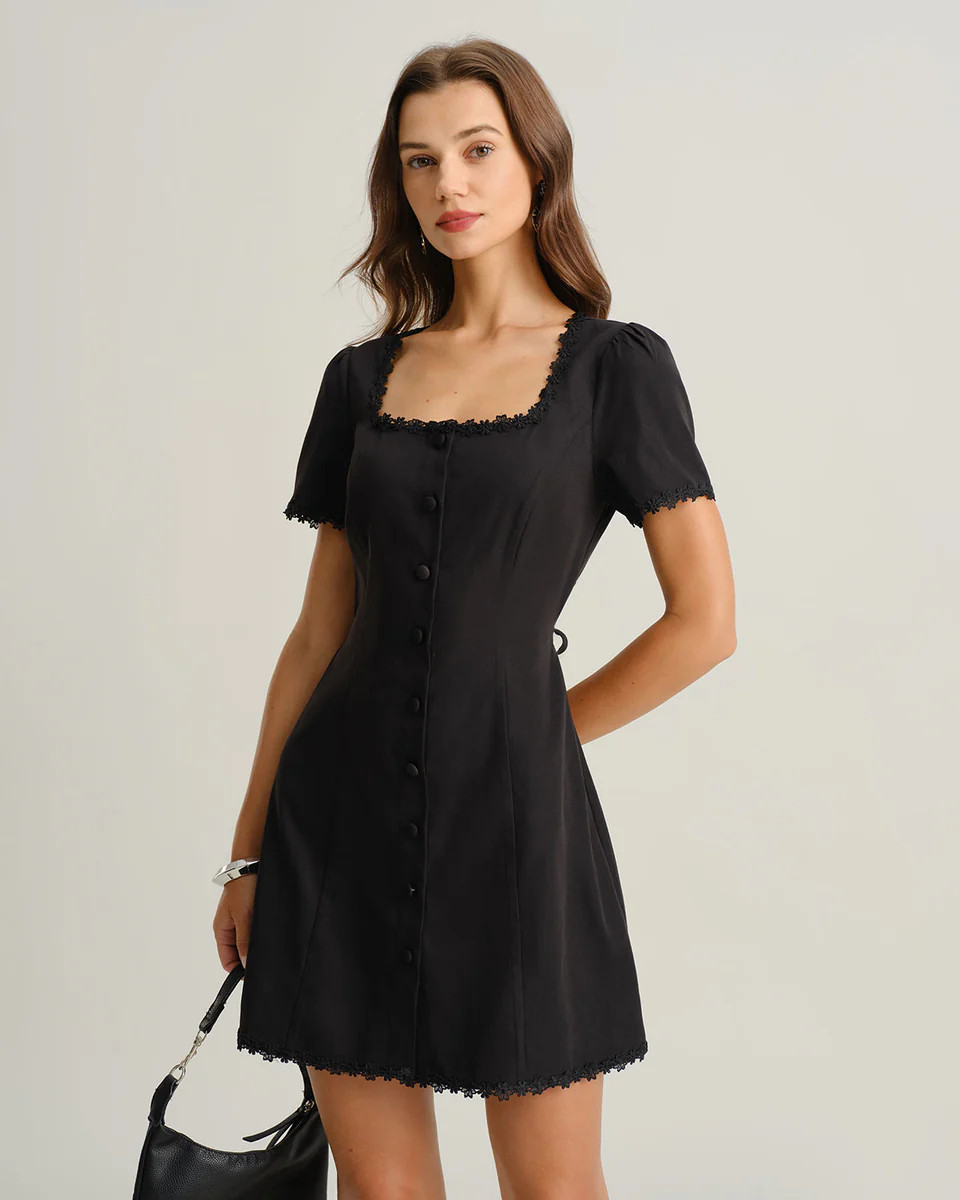 Black Square Neck Button Mini Dress | rihoas.com