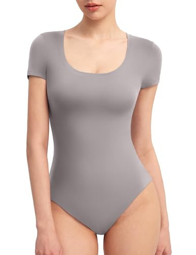 PUMIEY Women's Scoop Neck Short Sleeve Bodysuit Slimming Fit Body suit Top, Elephant Grey XX-Large | Amazon (US)