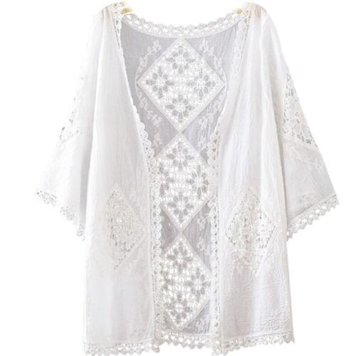 Women 3/4 Sleeve Kimono Cardigan Hollow Crochet Floral Lace Trim Cover Up Blouse | eBay AU