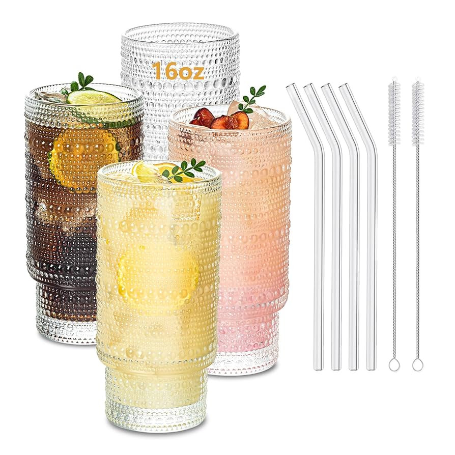 16oz Hobnail Drinking Glasses Set of 4, Stackable Glass Cups With Glass Straws, Aesthetic Cocktai... | Amazon (US)