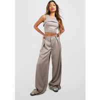 Womens Pleat Front Pinstripe Wide Leg Trousers - Brown - 6, Brown | Boohoo.com (UK & IE)