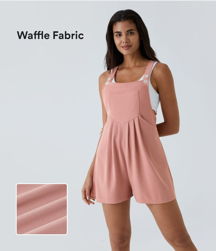 Women’s Adjustable Strap Button Multiple Pockets Plicated Waffle Casual Overalls - Halara | HALARA