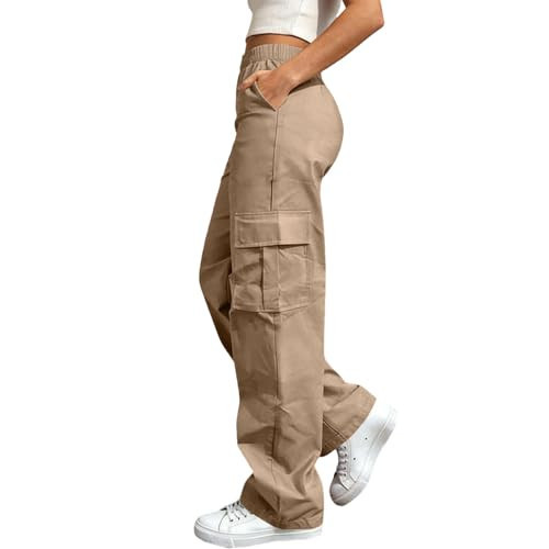 Elastic High Waist Cargo Pants for Women Wide Leg Loose Trousers with Pockets Casual Summer Cargo Pant Khaki | Amazon (US)
