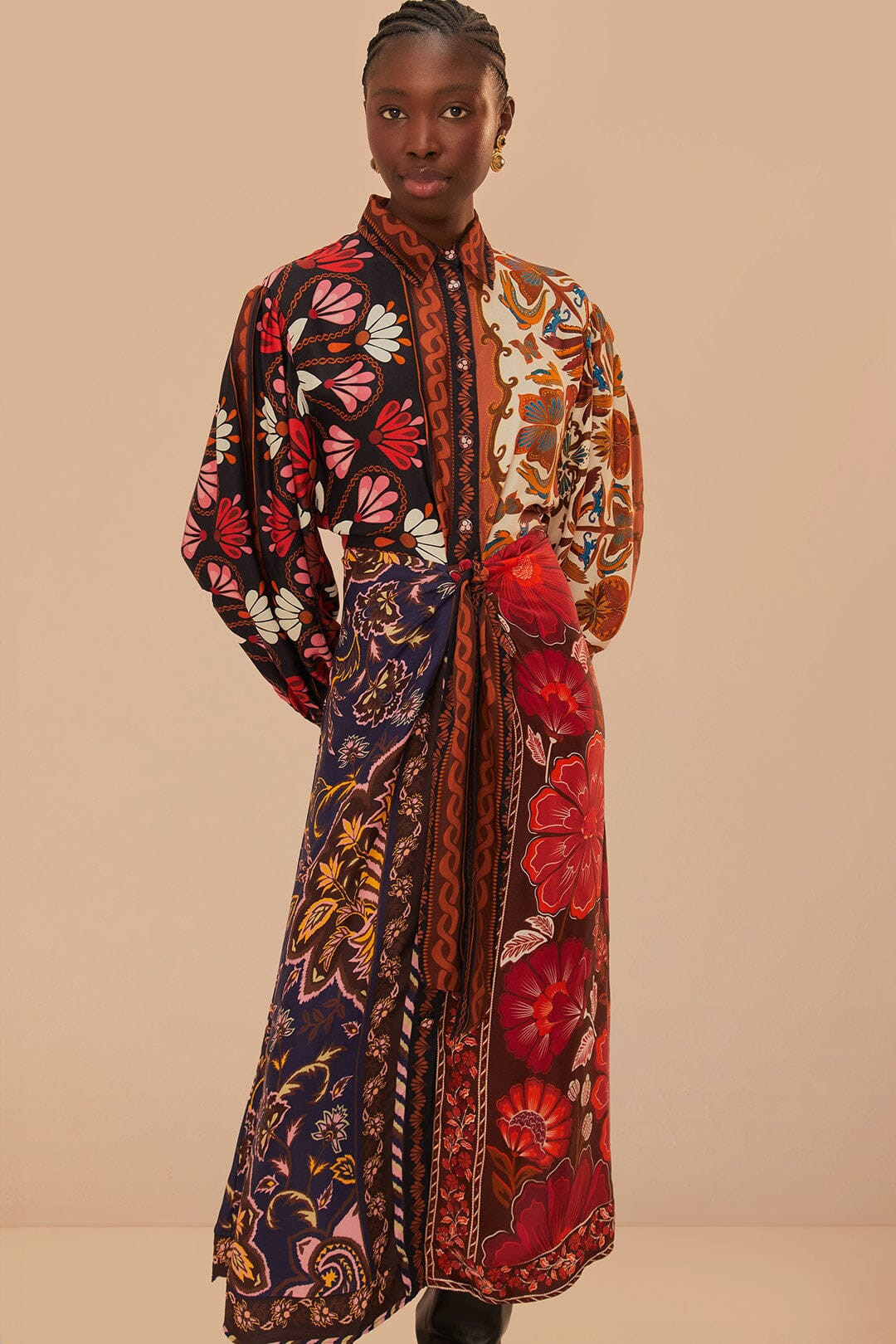 Multicolor Miranda Mix LENZING™ ECOVERO™ Viscose Chemise Midi Dress | FarmRio (US)