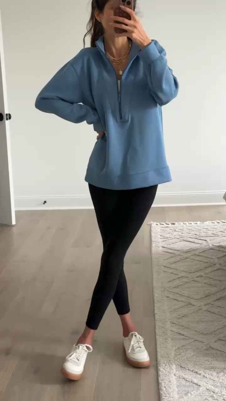 Comfortable everyday outfit with a quarter zip pullover, black leggings, and neutral sneakers. Easy casual look for busy days, teacher outfit inspo, athleisure style, affordable casual fashion, everyday basics.

#LTKootd #LTKSeasonal #LTKFindsUnder50