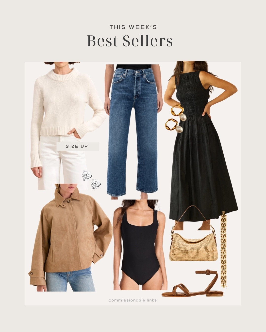 This week’s bestsellers!
Midi dress
Wide leg Jean
Suede cropped trench coat
Crewneck sweater
Swimsuit
Raffia shoulder bag
Ankle wrap sandal 
Hoop earrings
Lab brown diamond studs 

#LTKSeasonal