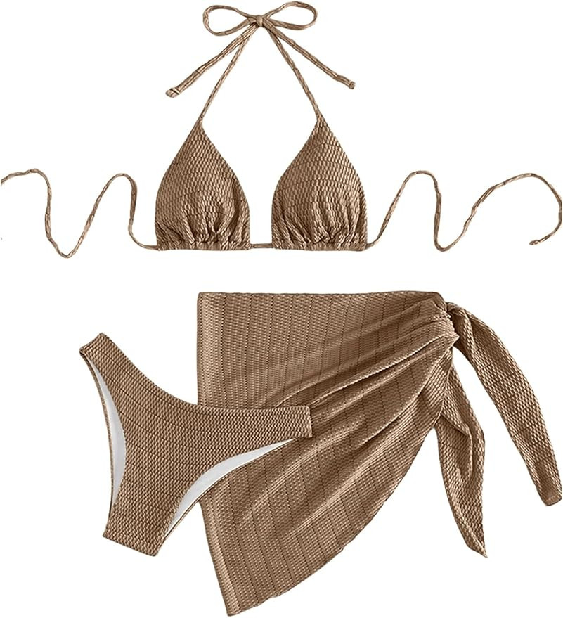 SHENHE Women's 3 Piece Textured High Cut Halter Triangle Bikini Swimsuit with Cover Up | Amazon (US)