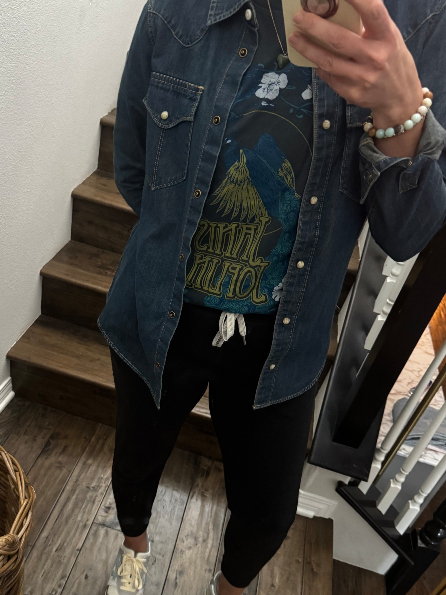I am LOVING this denim shirt that I received for Christmas! The material is soft and worn in!  I might like it better than my RRL shirt!  Go to the new Tecovas store and check out for yourself!  Linking graphic tees and of course joggers. NOTE: I think you all bought the “bird bam” tee as there is nothing left but XXS 😢  I’ll try to find similar! Also- I have not tried the quince jogger dupes yet so let me know if you have tried them! 
#ootd
#mystyle