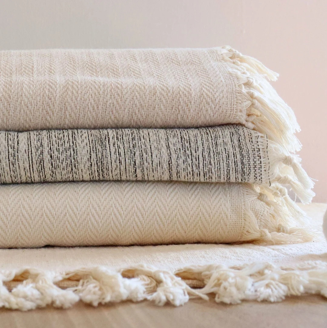 Herringbone Cotton Throw Blanket, Boho Picnic Blanket, Summer Bedspread Queen King, off White Cot... | Etsy (US)