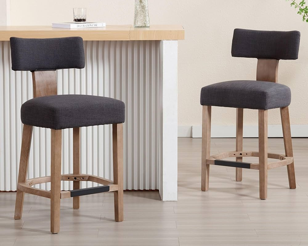 26’’ Farmhouse Bar Stools Set of 2 Linen Upholstered Counter Height Bar Stools with Back Mode... | Amazon (US)