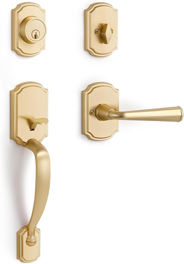 1 Pack Gold Front Door Handle and Deadbolt Set Reversible Brushed Brass Lever Entry Lock Handlese... | Amazon (US)