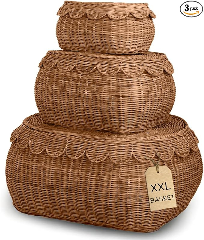 Large Scalloped Basket Set Of 3 - Hand-Woven & Award-Winning Scallop Basket - XXL - Extra Large f... | Amazon (US)