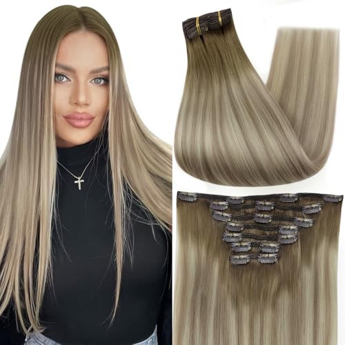 Full Shine Clip in Hair Extensions Human Hair Blonde Remy Hair Extensions Straight Light Ash Brown Ombre to Blonde Hair Clip in Extensions 20 Inch Long Hair 7 Pcs | Amazon (US)