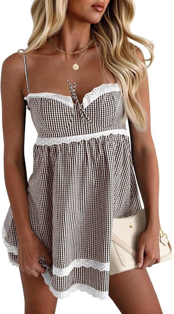 Wenrine Womens Summer Mini Dress Spaghetti Strap Sweetheart Y2K Plaid Lace Trim Tiered Beach Sund... | Amazon (US)
