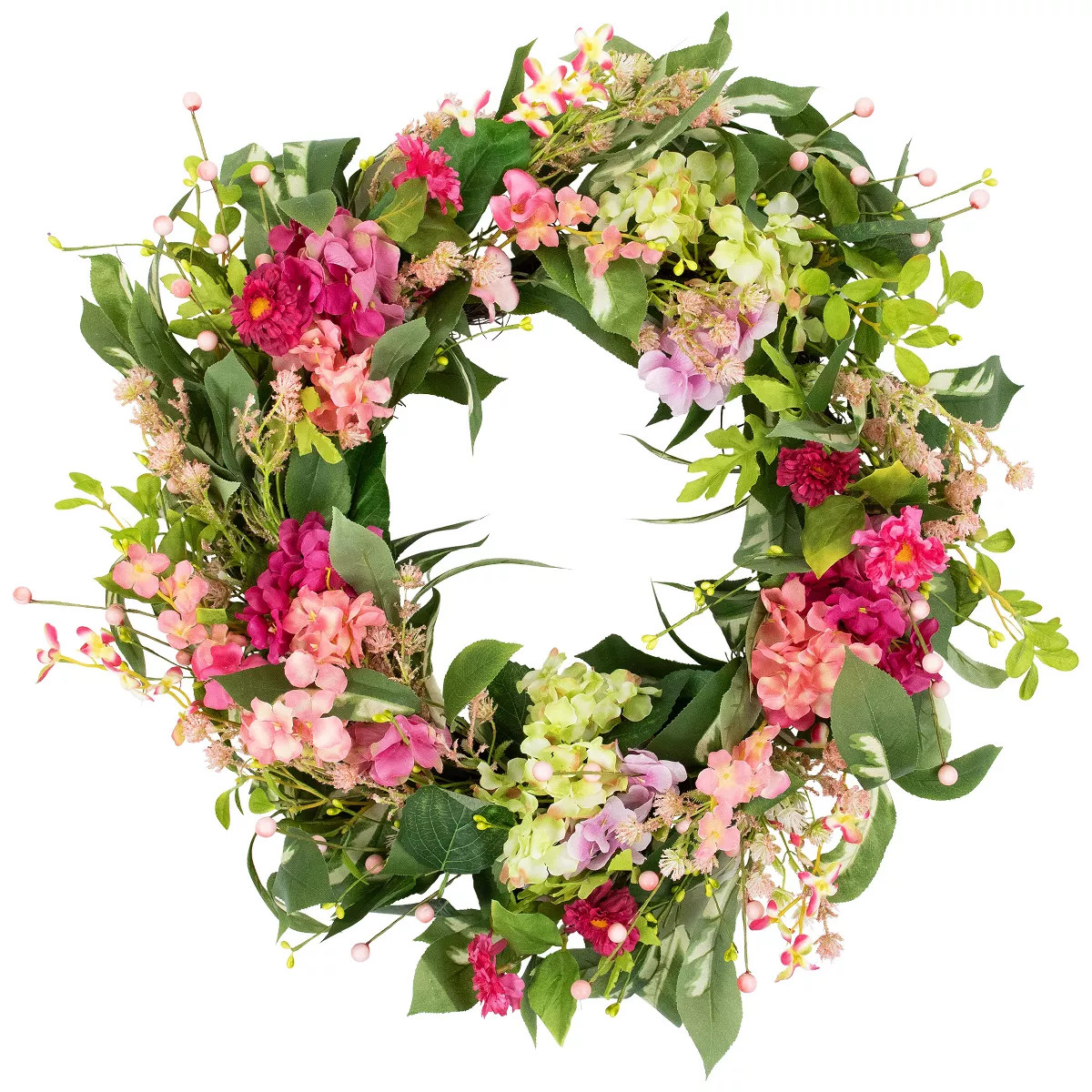 Northlight Leafy Hydrangea Floral Spring Wreath - 24" - Fuchsia and Pink | Target