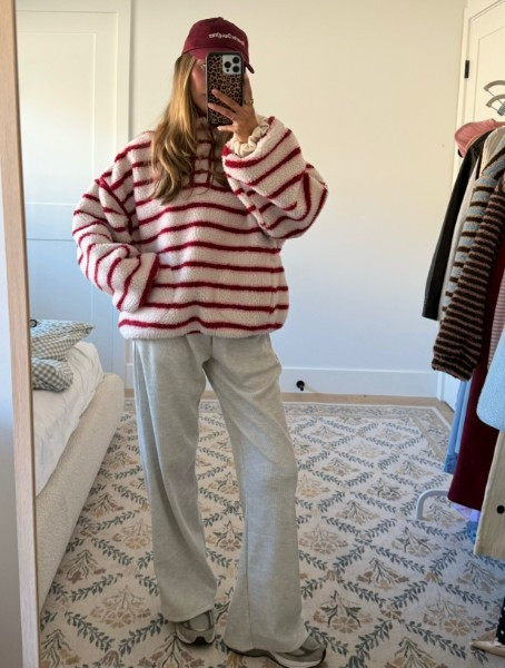 Cozy mode fully activated ☁️❤️ This is the kind of outfit I reach for on slow mornings, errands, and travel days — soft layers, relaxed fits, and pieces you can live in. The striped fleece is so warm without feeling bulky, and these sweats have the perfect drape.

An easy, comfy set that still looks put together = my favorite kind of outfit.

#LTKStyle #LTKCasual #CozyStyle #EverydayOutfit #ComfortWear #AthleisureStyle #WeekendWear #RelaxedStyle #FallStyle #WinterStyle 

 