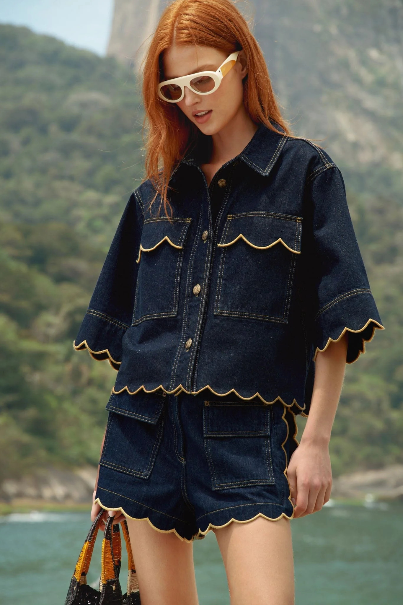 Dark Denim Wavy Hem Short Sleeve Shirt | FARM Rio | Farm Rio UK