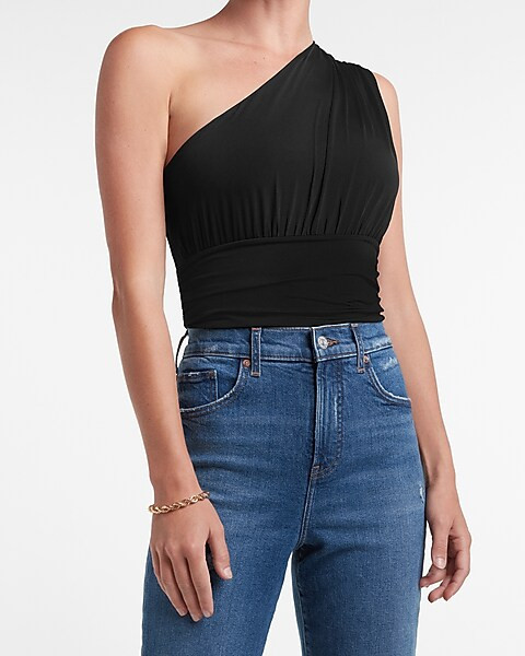 Body Contour Double Layer Ruched One Shoulder Thong Bodysuit | Express