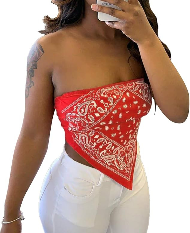 Sexy Crop Tops for Women Paisley Party Club Cothes Strapless Stretchy Bandeau Tube Tops Smocked B... | Amazon (US)