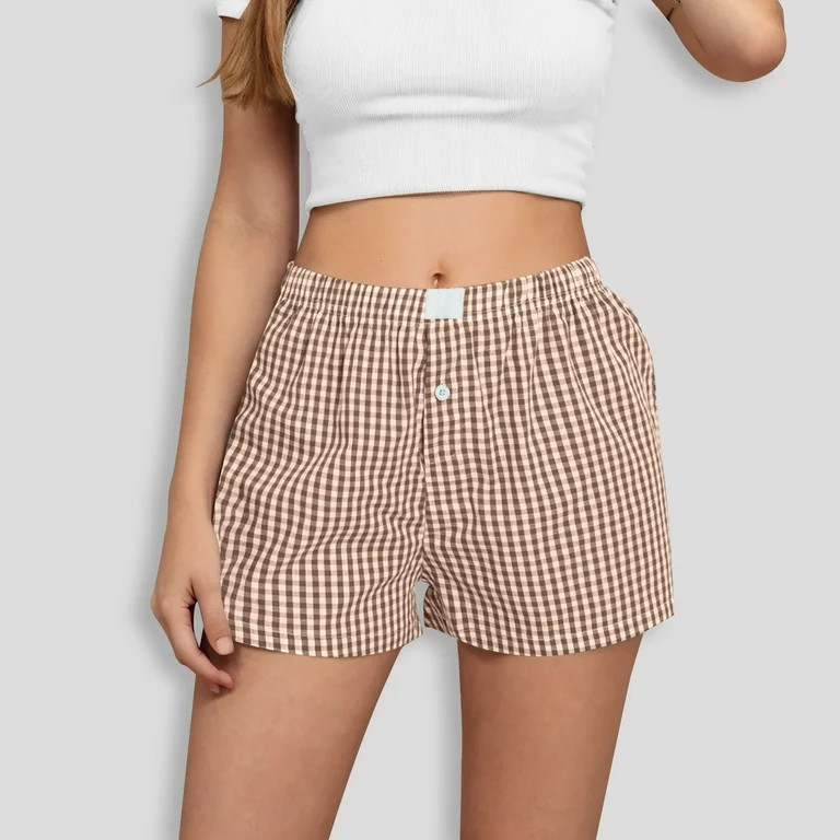 ITSAME Womens Casual Shorts, Casual Loose Plaid Prints Cotton Linen Summer Pull-On Shorts Yellow ... | Walmart (US)