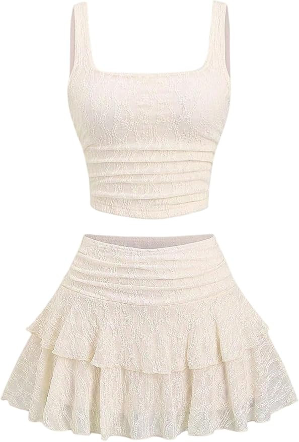 SHENHE Women's Two Piece Skirt Set Lace Ruched Fairy Crop Tank Tops and Layered Ruffle Skirt | Amazon (US)