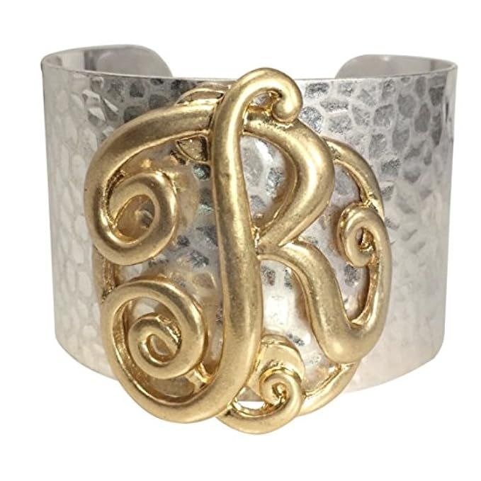 Wide 2 Tone Hammered Boutique Look Monogram Initial Cuff Bracelet | Amazon (US)