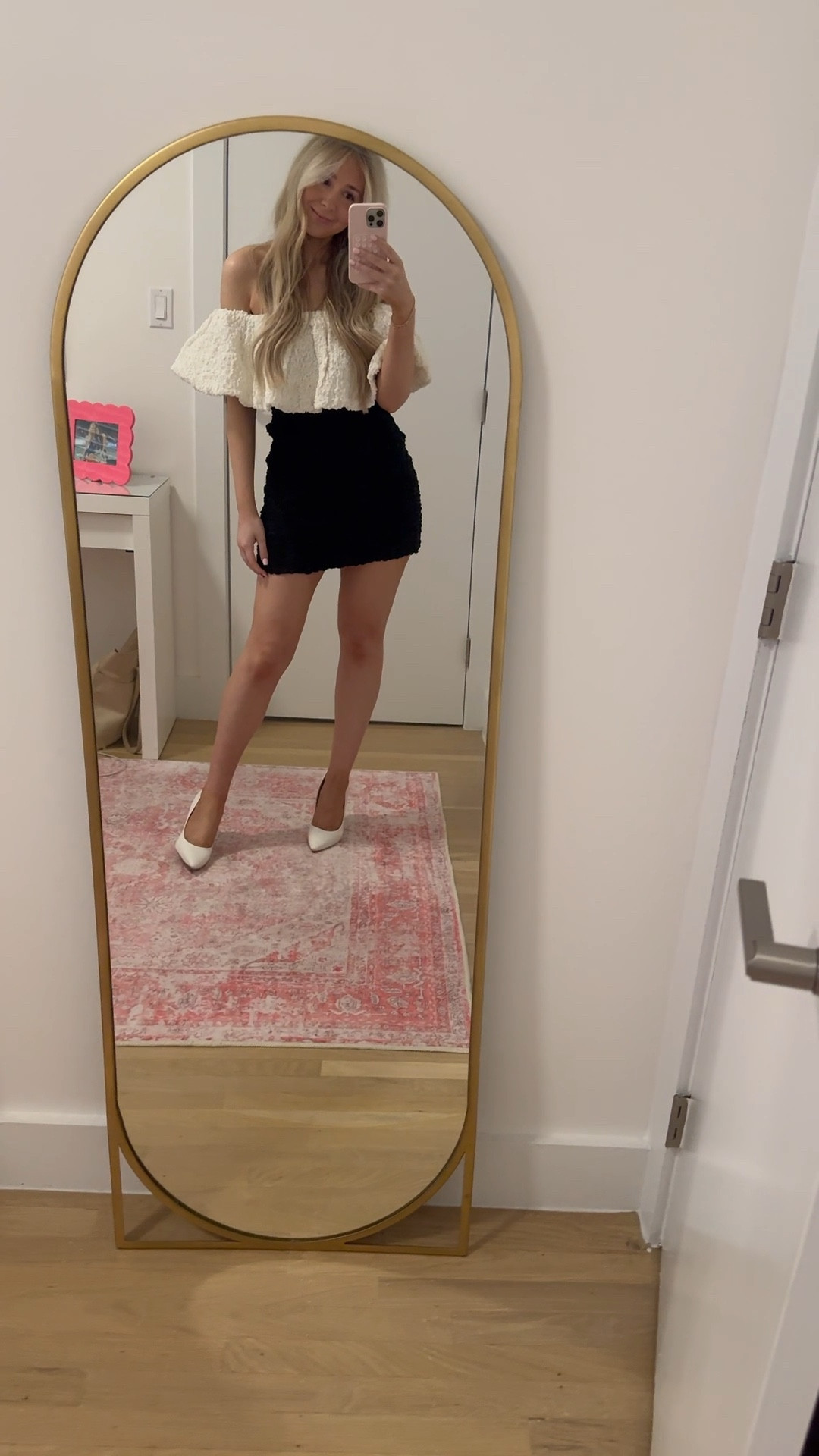 this dress 🤍🤍 

show me your mumu | event dress | date night dress | anniversary dress | white pumps | sam edelman white heels | ruffle sleeves | mini dress | off the shoulder dress | black and white dress | special occasion outfit 