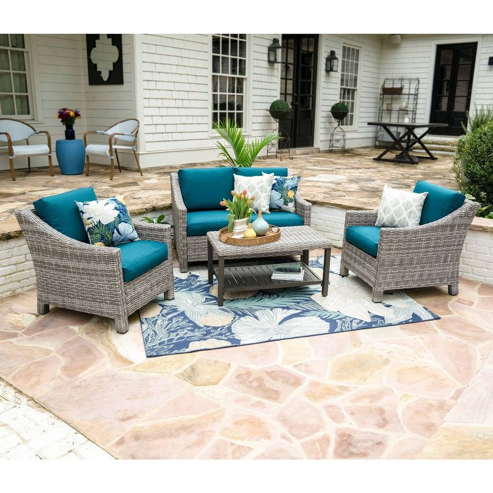 4pc Marietta All-Weather Wicker Chat Set Teal - Leisure Made | Target