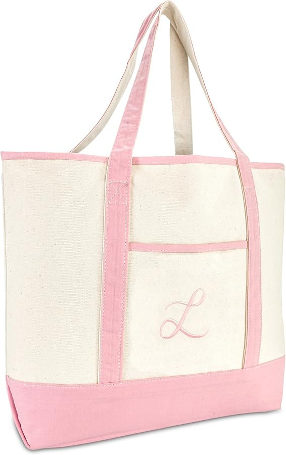 DALIX Women's Cotton Canvas Tote Bag Large Shoulder Bags Pink Monogram A - Z | Amazon (US)