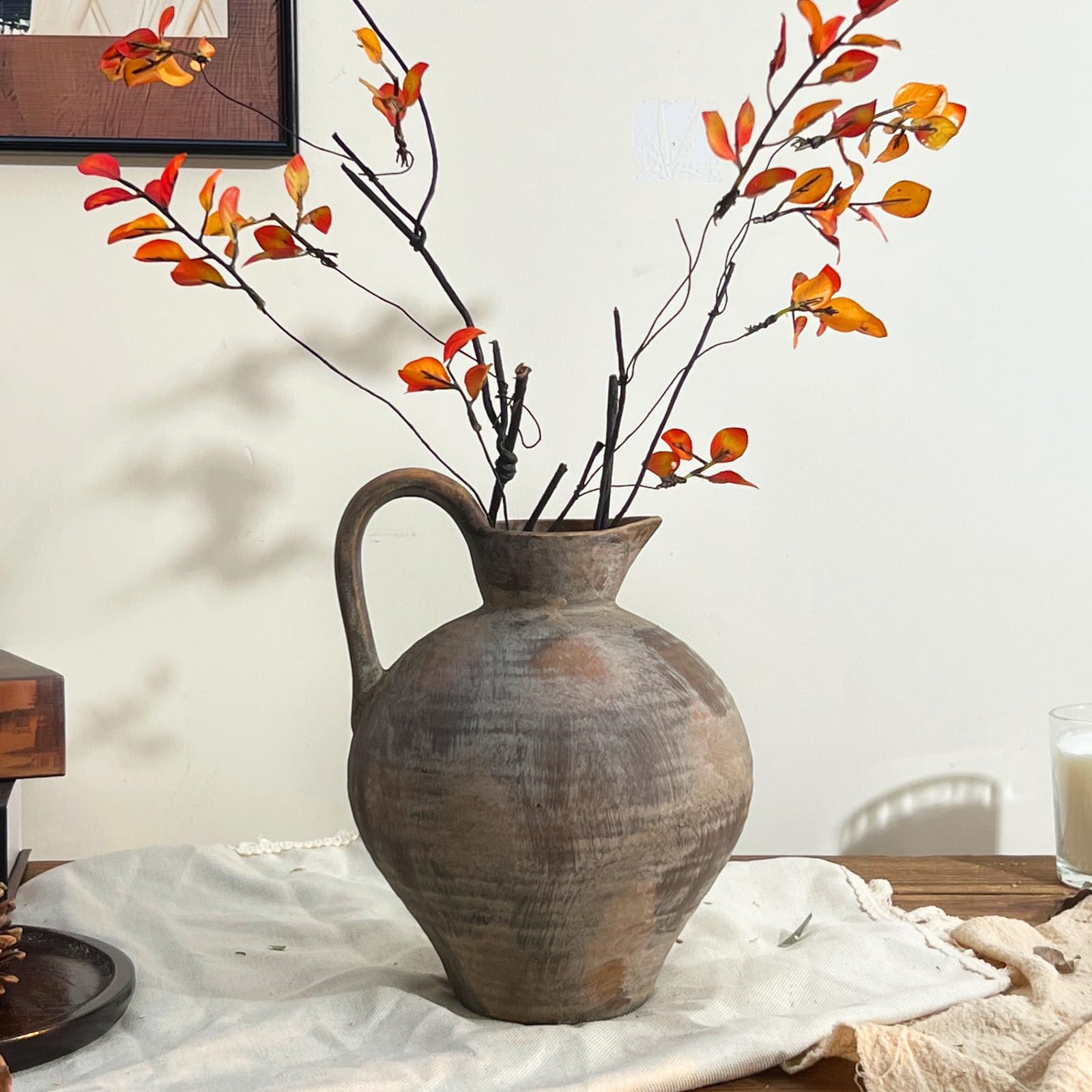 Ceramic Rustic Farmhouse Vase with Handle, 8.7 Inch Brown Vintage Vase, Rustic Ceramic Pottery fo... | Amazon (US)