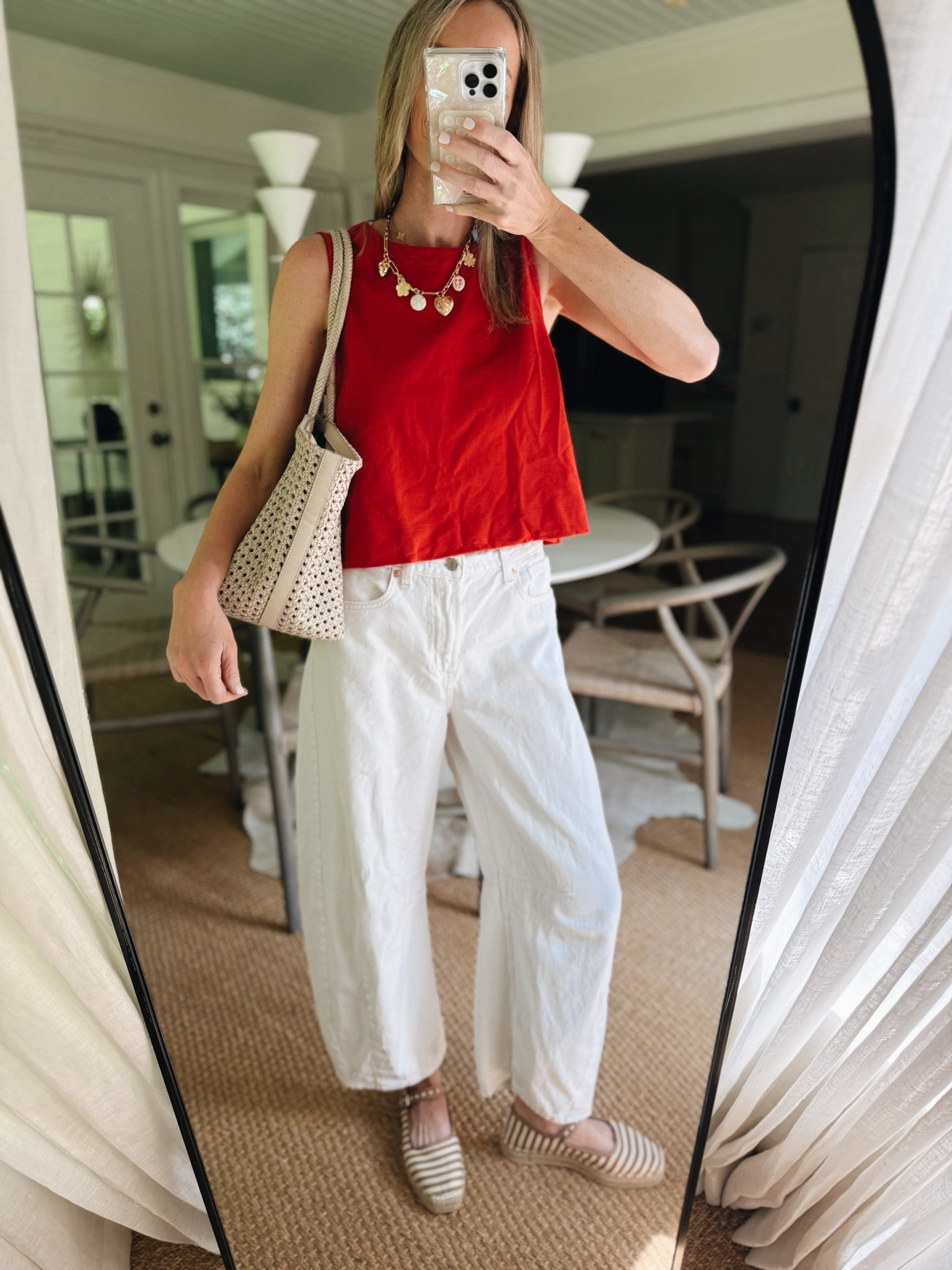 It’s the Gap Uniform ( 40% off ) …. This tank is selling fast! It’s the best thicker structured cotton and the cutest little swing shape. Jeans are worn multiple times a week. Size 27! Size small tank. Shoes are anthro but found a good Amazon look alike too! 