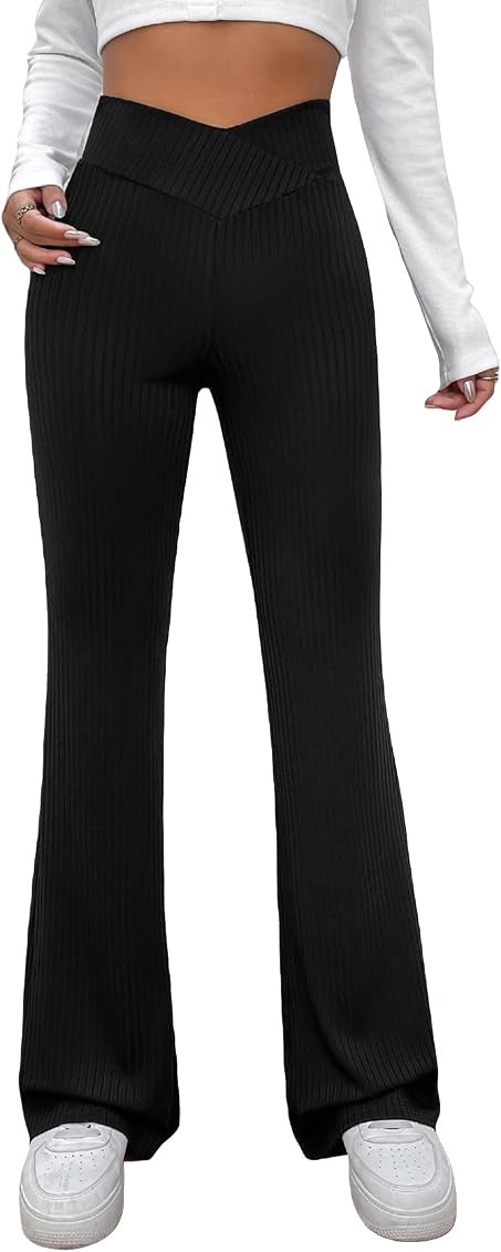 GORGLITTER Women's Ribbed Knit High Waisted Flare Leg Bell Bottom Long Pants | Amazon (US)