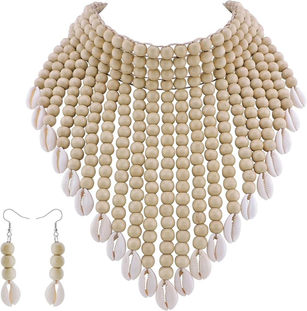 Amazon.com: Coiris Boho African Acrylic Beaded Bib Statement Necklace Strands With Shell Layered ... | Amazon (US)