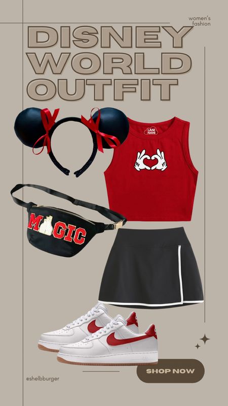 Women’s Disney World Mickey Mouse outfit

Mickey Mouse heart hands tank top
Black wrap active skirt
Faux leather mouse ears with red ribbon bows
Magic Disney World castle Fanny pack
Nike Air Force 1 red

#LTKTravel #LTKActive #LTKShoeCrush