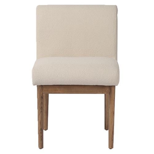 Claudia Mid Century Beige Upholstered Boucle Seat Wood Frame Dining Side Chair | Kathy Kuo Home