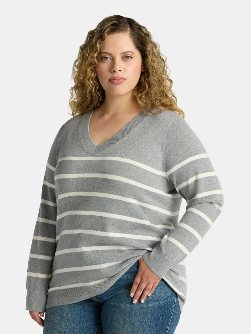 Terra & Sky Women's Plus V-Neck Fine Gauge Pullover Sweater, Lightweight, Sizes 0X-5X | Walmart (US)
