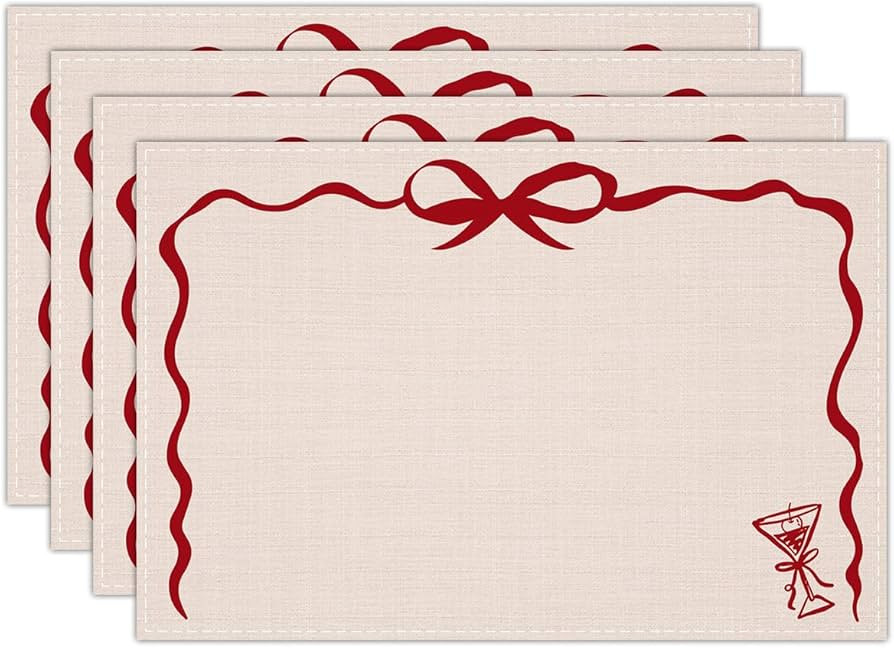 Red Pink Wavy Bow Linen Placemats Set of 4, Wedding Waterproof Washable Heat Resistant Place Mats... | Amazon (US)