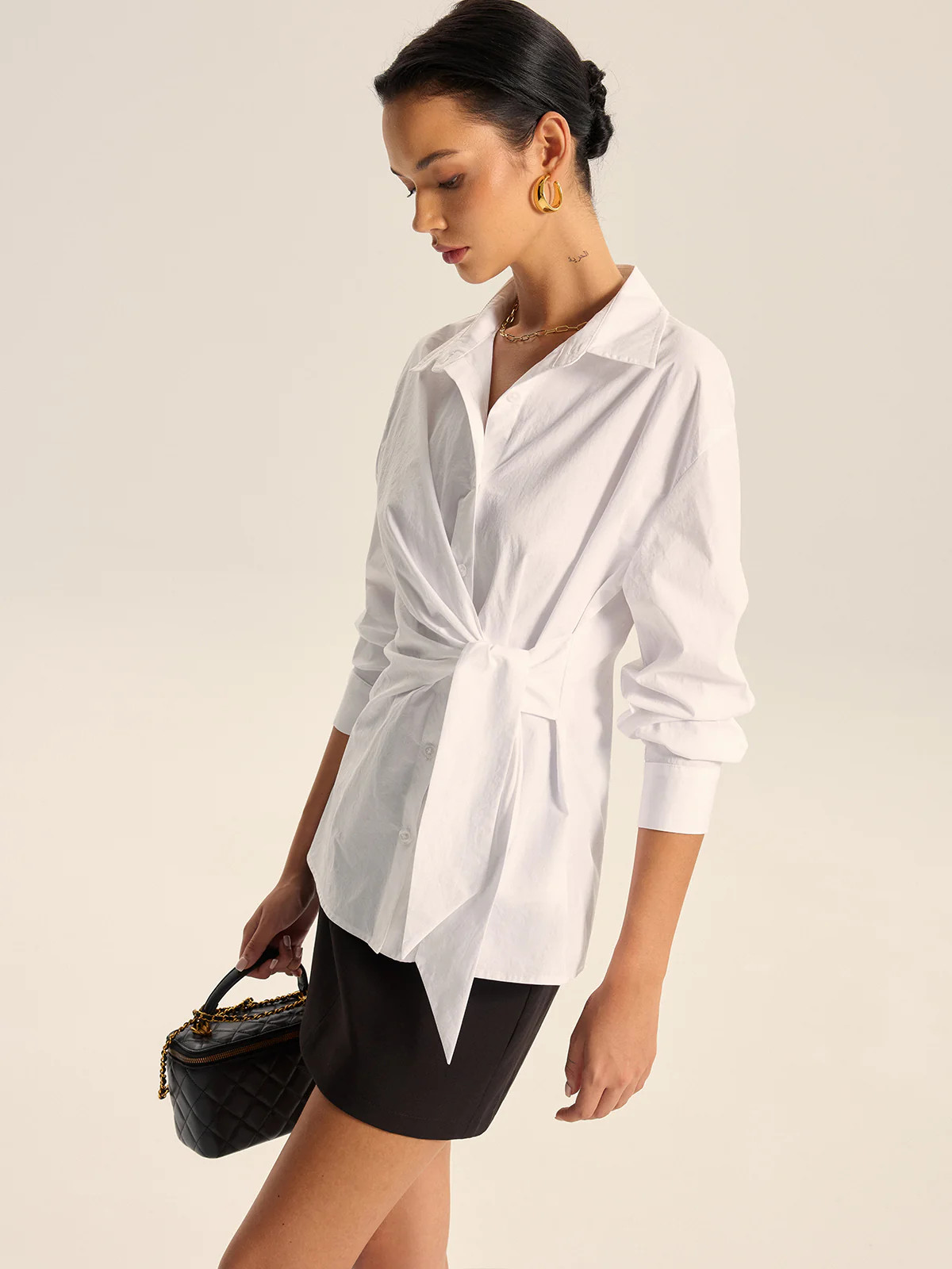 Cotton Asymmetric Tie-Waist Shirt | Commense