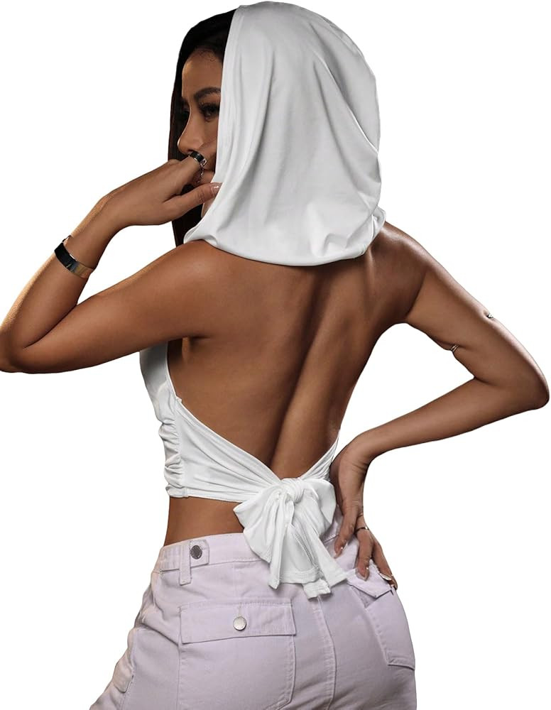 Floerns Rave Outfits for Women Sexy Backless Hoodie Draped Halter Tank Top Going Out Concert Fest... | Amazon (US)
