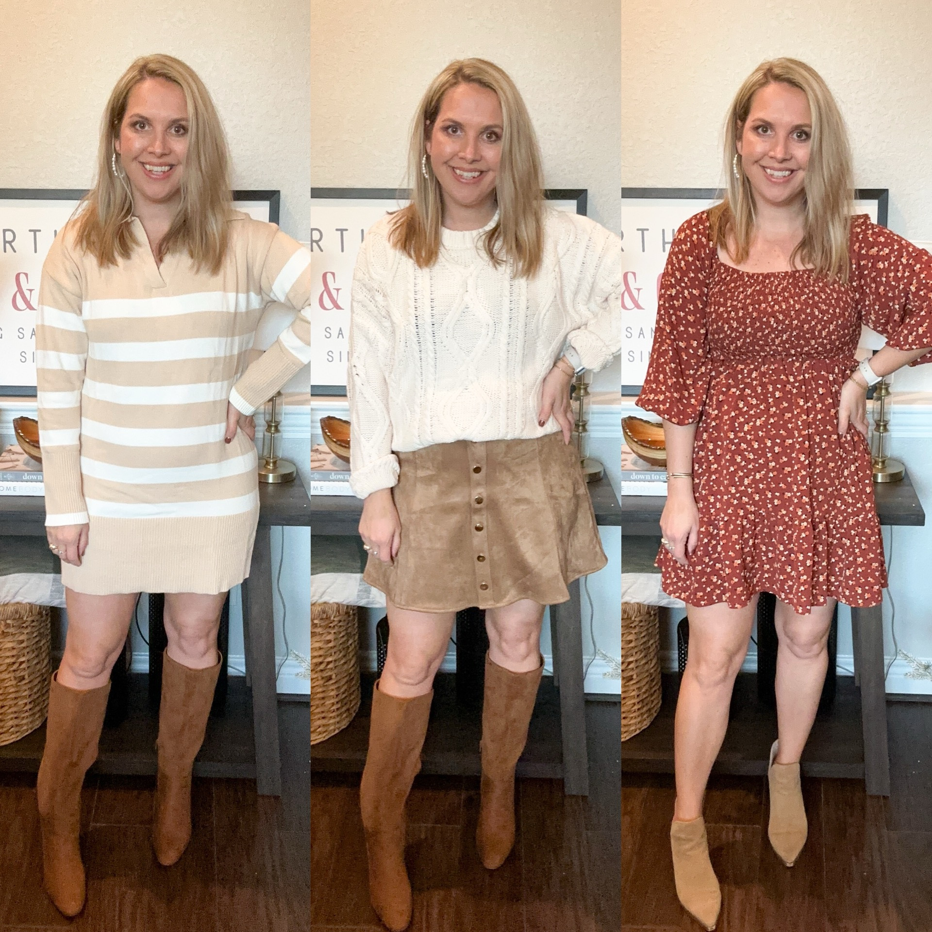 Amazon Thanksgiving outfit ideas, part 2!! I’m wearing a size medium in almost everything, except the coatigan and brown dress, which are both a size small. Currently a 6/8 at 10 months postpartum with still about 20 lbs to lose 🤪

Thanksgiving outfit, Amazon style, Thanksgiving, sweater dress, boots 

#LTKShoeCrush #LTKStyleTip #LTKHoliday