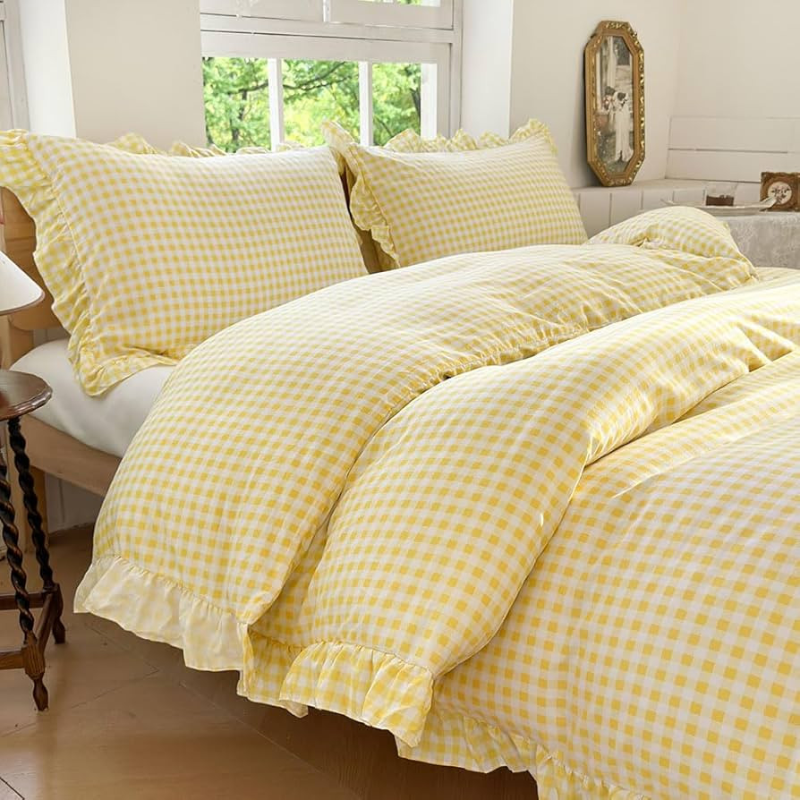 NSNLGSGC Yellow Gingham Ruffle Duvet Cover King Size, 3 Pieces Soft Pre-Washed Microfiber Checked... | Amazon (US)