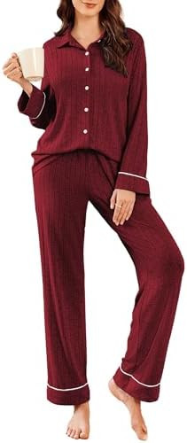 Ekouaer Womens Pajama Sets Long Sleeve Ribbed Knit Lounge Set Button Down Soft 2 Piece Pjs With P... | Amazon (US)