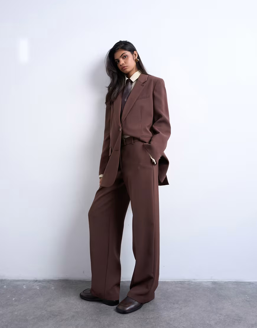 Topshop co ord mid rise clean straight trouser in chocolate-Brown | ASOS (Global)