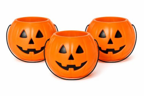 Pack of 3 Decorative Plastic Halloween Pumpkin Candy Buckets with Handle – Jack-O'-Lantern Trick or Treat Candy Pails, Reusable Party Decoration, 6.3" Diameter x 4.7" Height | Amazon (US)