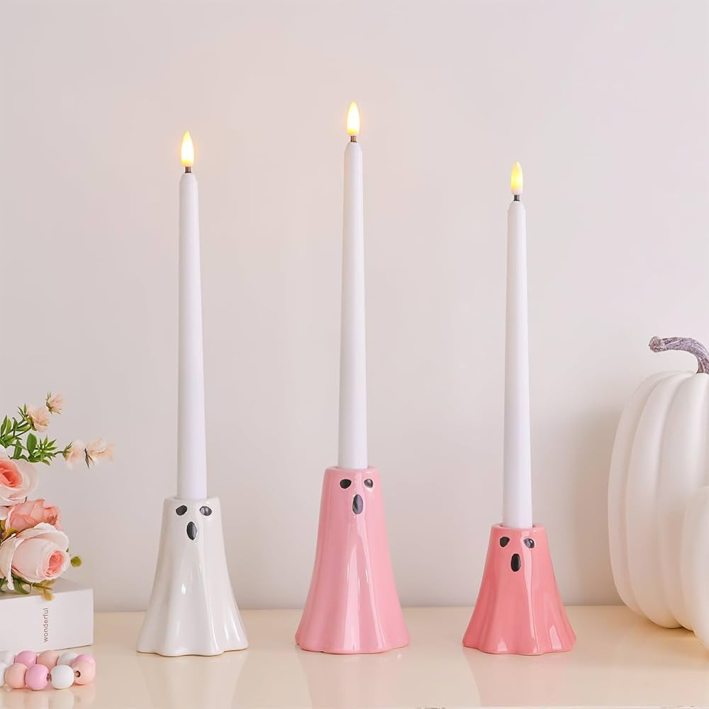 Halloween Ceramic Ghost Decor: Cute Pink Ghost Figurine Lamps Taper Candle Holder Sticks Hallowee... | Amazon (US)