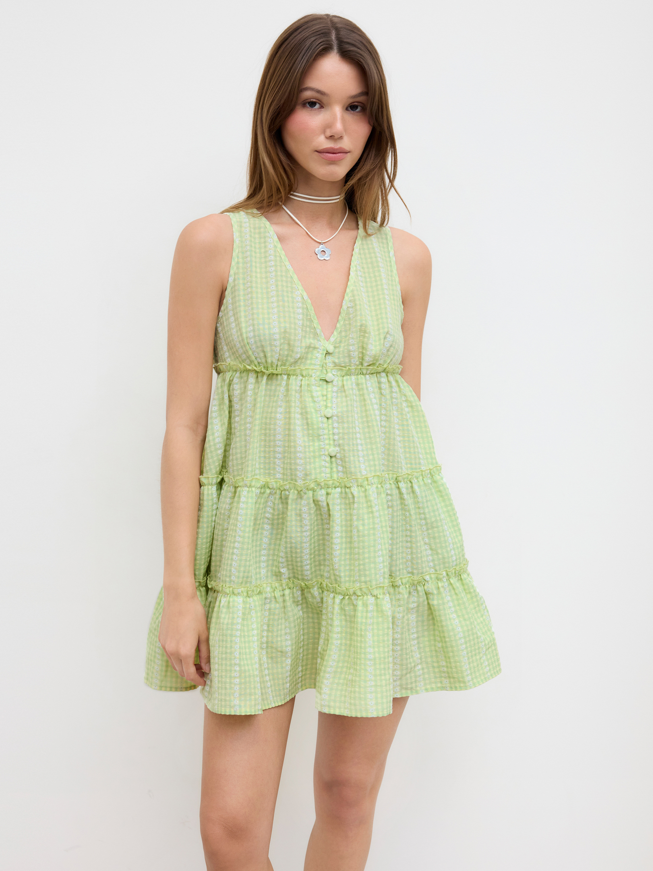 Woven Cotton-blend V-neck Check Knotted Lettuce Trim Somck Mini Dress For Daily Casual | Cider