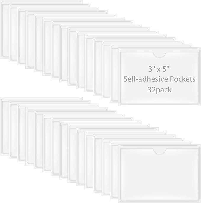Antner 32 Pack Self-Adhesive Index Card Pockets for 3" x 5" Card, Clear Plastic Labels Holders To... | Amazon (US)
