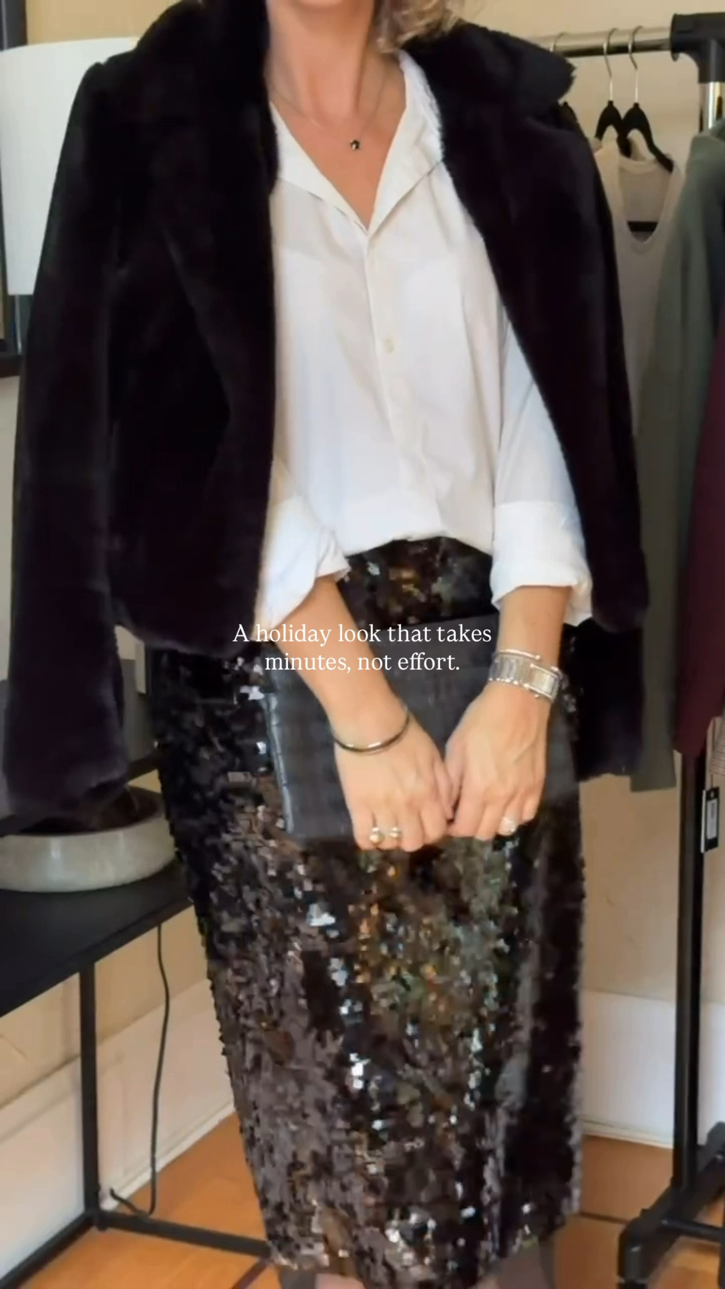 Holiday style doesn’t have to be loud to feel festive. It’s the balance that makes it chic: one statement piece, everything else pared back.

A shimmering skirt paired with the simplest pieces you already own (like a crisp white button-down) is the perfect combo. Add a faux-fur layer, minimal jewelry, and a clean black heel - and voilà!

Effortless, elevated, and ready in minutes.

Follow me for more style tips!

Bises!

Lili
Personal Stylist
SF→NYC  

 #LTKHoliday #LTKootd #LTKBeauty