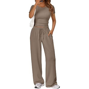LILLUSORY 2 Piece Lounge Wear Sets for Women UK Casual Elastic Waisted Wide Leg Trouser Co Ord Se... | Amazon (UK)