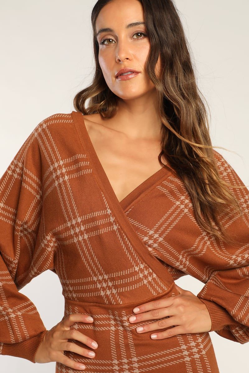 Plaid Your Love Brown Dolman Sleeve Bodycon Midi Sweater Dress | Lulus (US)